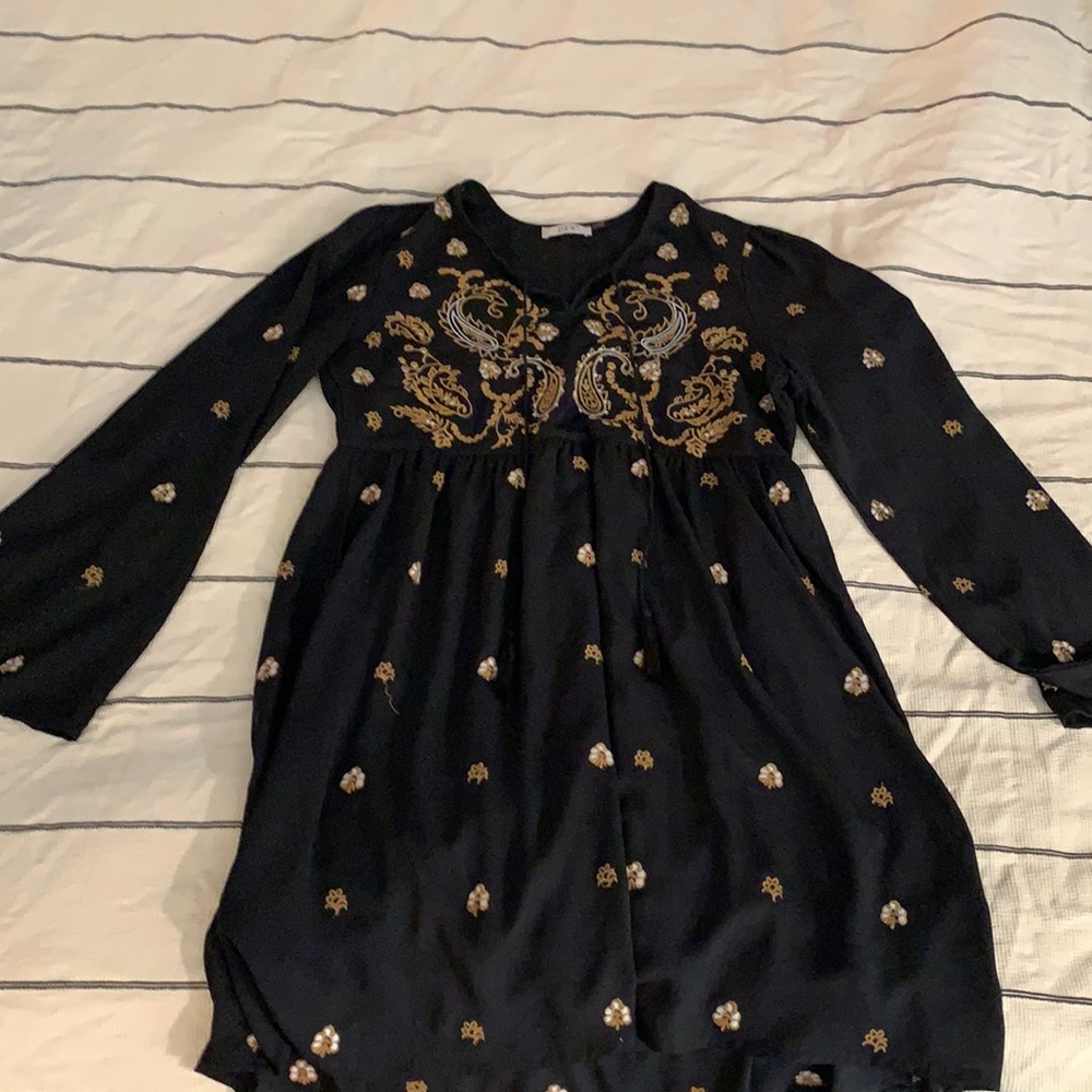 Dex Black Bell Sleeve Embroidered Festival Dress